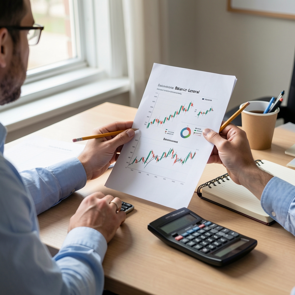 Persona analizando un balance general impreso con lápiz en mano junto a una calculadora y una notebook mostrando gráficos financieros sobre un escritorio