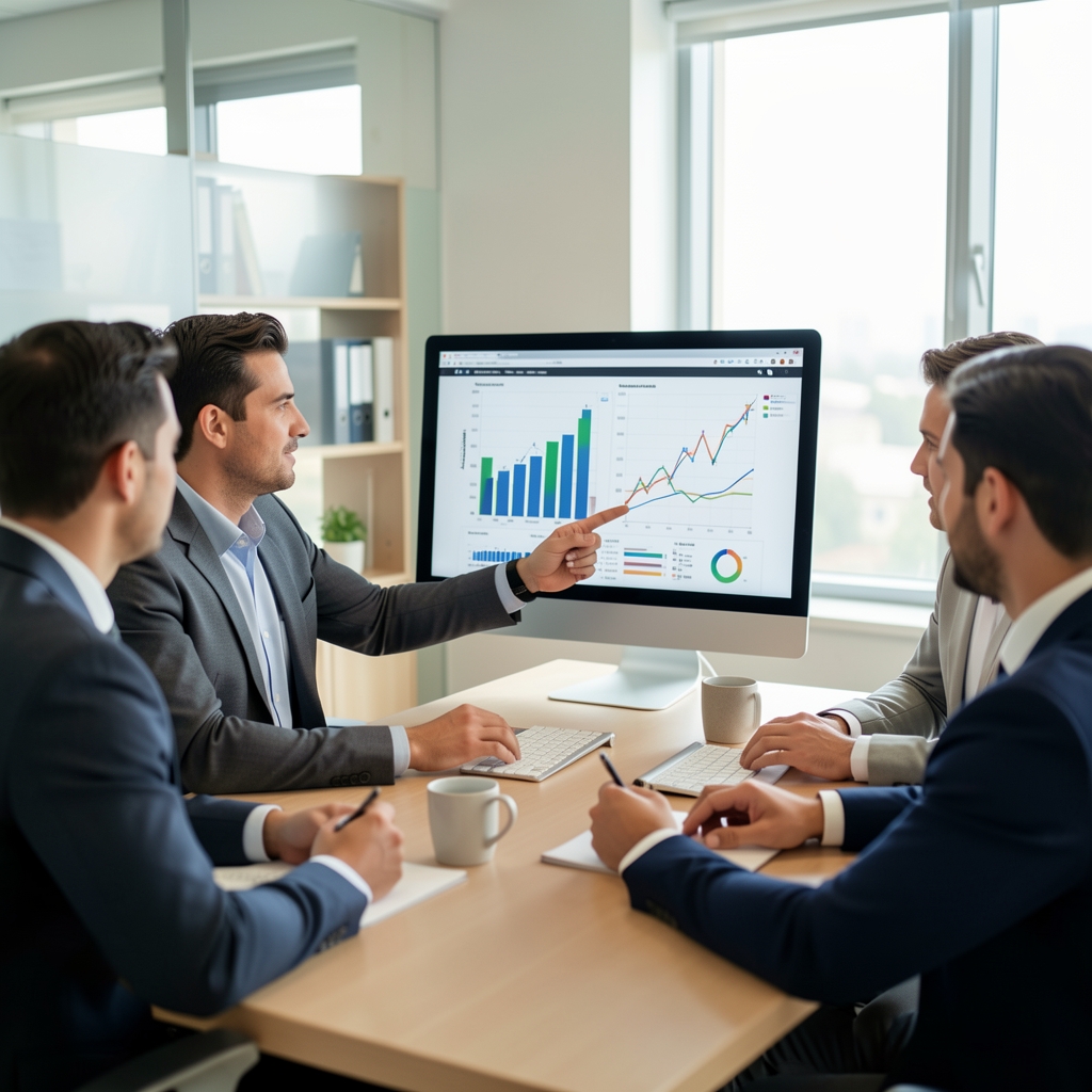 Analista financiero señalando gráficos de indicadores en una pantalla de computadora durante una reunión de equipo en una oficina moderna