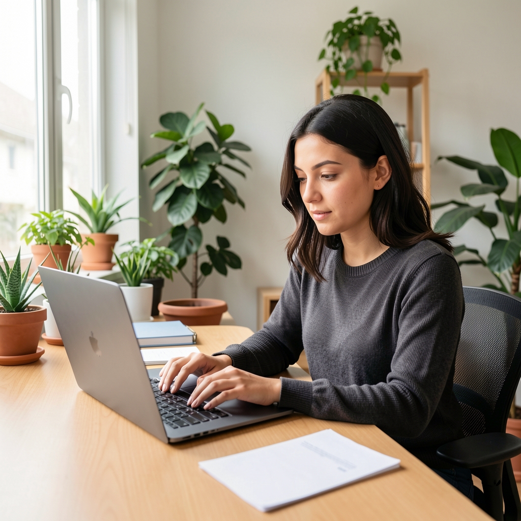 Emprendedora joven registrando facturas digitales en una laptop dentro de una oficina pequeña y luminosa con plantas decorativas
