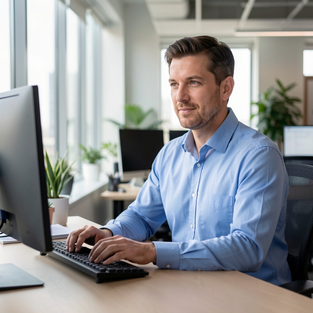 Retrato profesional de un hombre de unos 35 años con camisa celeste trabajando frente a una computadora de escritorio en una oficina moderna