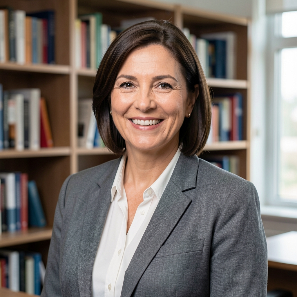 Retrato profesional de una mujer de unos 40 años con blazer gris sonriendo en una oficina con estanterías de libros al fondo