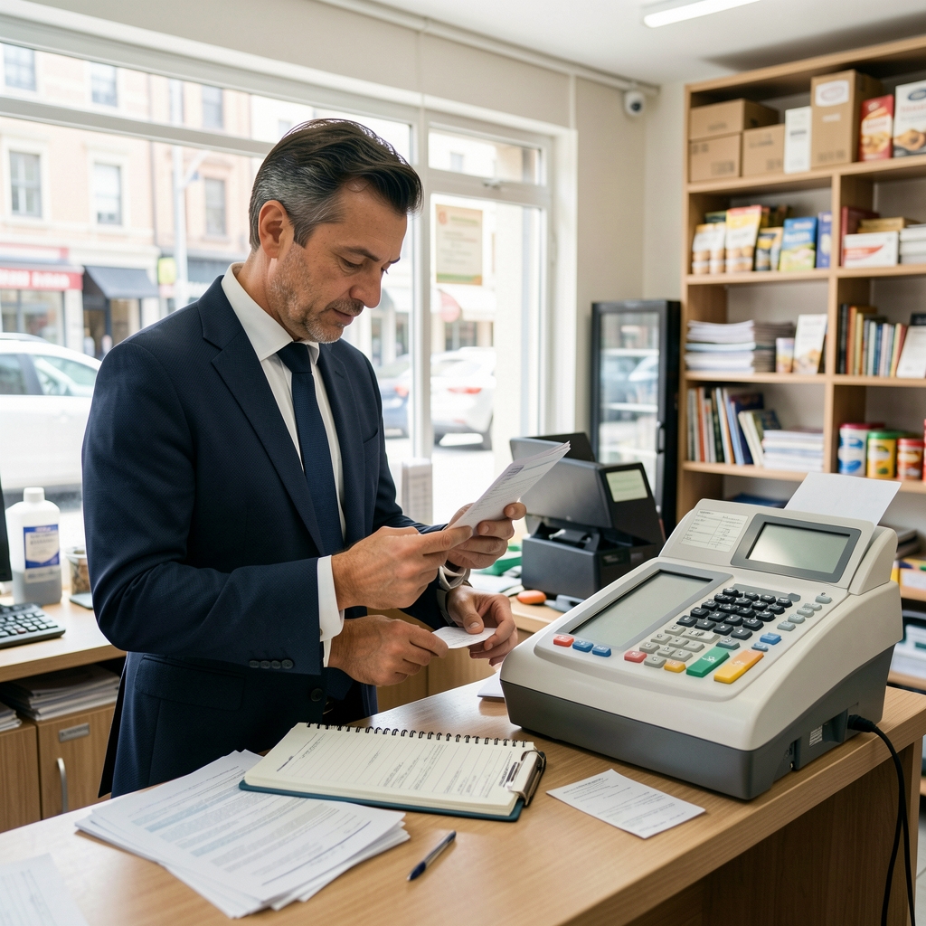 Dueño de un pequeño comercio revisando facturas y un cuaderno de registro contable junto a una caja registradora en un local comercial luminoso