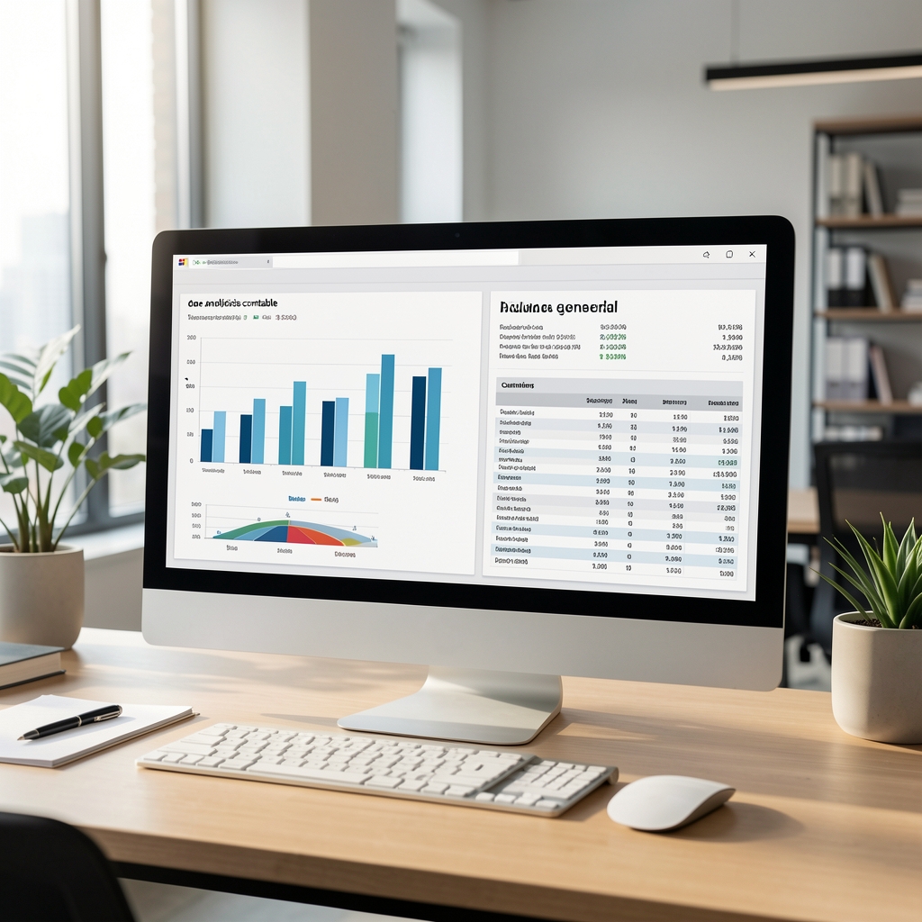Panel de análisis contable en una pantalla de escritorio mostrando gráficos de barras, un balance general resumido y tablas de cuentas en un entorno de oficina moderno con luz natural