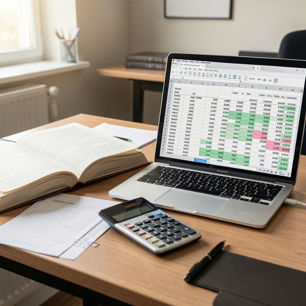 Libros contables abiertos y una calculadora sobre un escritorio de oficina junto a una laptop mostrando planillas de cálculo con números financieros