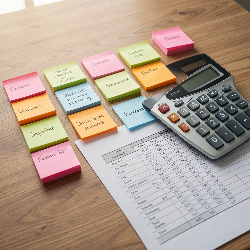 Tablero de oficina con notas adhesivas de colores organizando categorías contables junto a una calculadora y hojas impresas con columnas numéricas